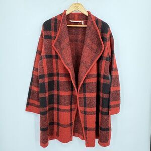 Soft Surroundings Cozy Cottage Long Open Cardigan Red Plaid, PXL, Wool Alpaca